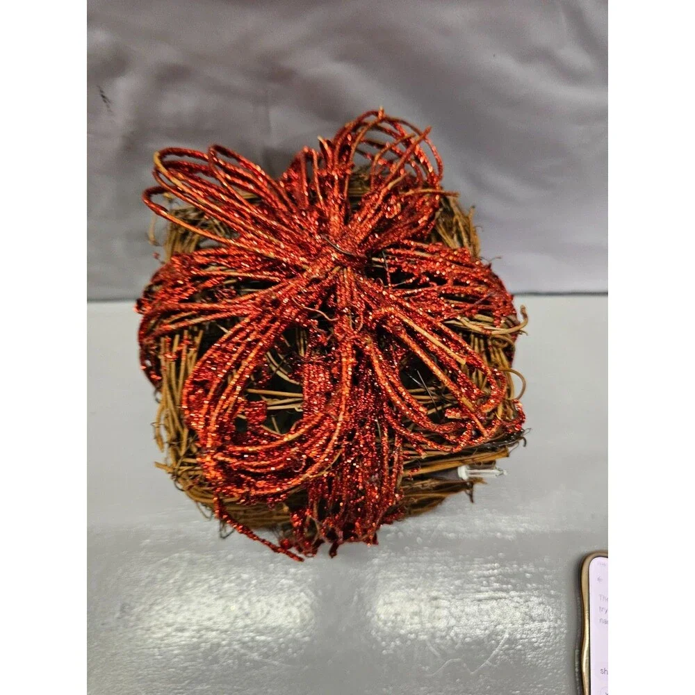 Grapevine Christmas Gift Box Decor Red Glitter Bow Farmhouse 6.5